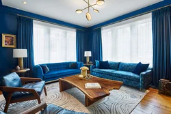 Blue curtains in the living room in a modern style photo in the interior