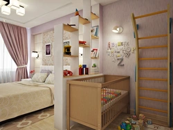Bedroom with a children's bed in one room photo design