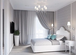 Gray curtains in the bedroom interior