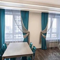 Turquoise curtains in the living room interior
