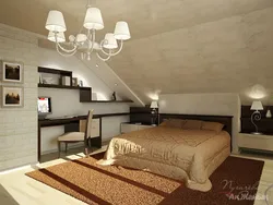 Интерьер спальни в доме со скошенным потолком