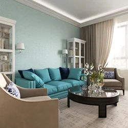 Living room interior in an apartment in blue