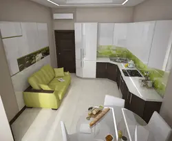 Kitchen design with sofa and TV photo 12 sq m