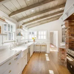 Kitchen design with wooden ceiling