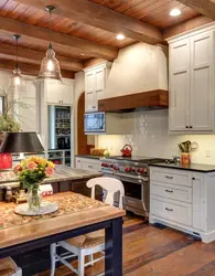 Kitchen design with wooden ceiling