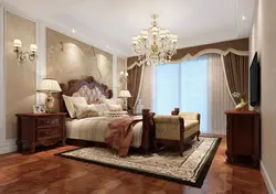 Дызайн спальні ў класічным стылі з цёмнай мэбляй