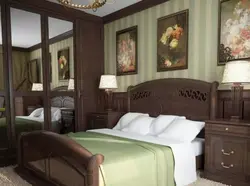 Дызайн спальні ў класічным стылі з цёмнай мэбляй