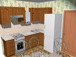 Kitchen design 5 sq.m. with refrigerator and geyser