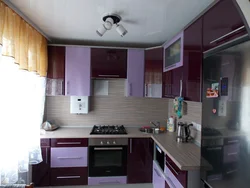 Kitchen design 5 sq.m. with refrigerator and geyser