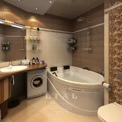 Бұрыштық ванна мен кір машинасы бар ванна бөлмесінің дизайны