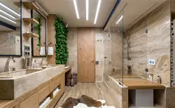 Дизайн ванны дерево и камень