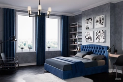 Bedroom with dark blue wallpaper photo