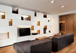 Living room interior with storage system