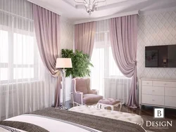 Curtains with flowers in the bedroom interior photo