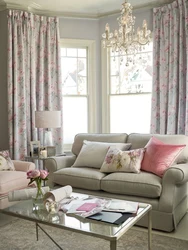 Pink curtains for the bedroom interior photo