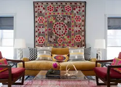 Carpet on the wall in the living room interior