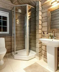 Interior Of A Bathroom With Shower In A Wooden House