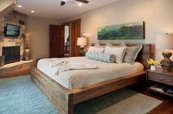 Wooden Bed In The Bedroom Interior Photo