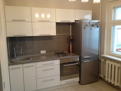 Photo of a linear kitchen with a refrigerator