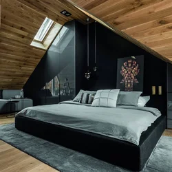 Bedroom Design With A Sloping Ceiling In A Wooden House