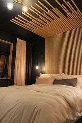 Wooden slats on the wall in the bedroom interior