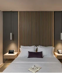 Wooden slats on the wall in the bedroom interior