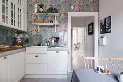Wallpaper with small flowers in the kitchen interior