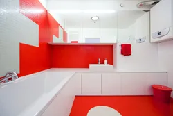 Дизайн ванной красно белой плиткой