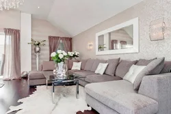 Living room interior with light gray wallpaper