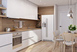 Kitchen interior with white glossy furniture