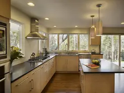Modern kitchen design with large window