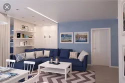 Living room interior in blue beige color