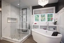 Bath design with shower and toilet with window