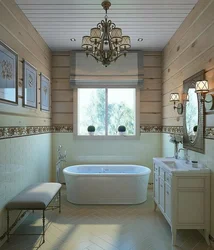 Design of a bath with toilet in a wooden house photo