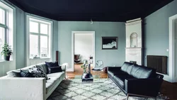 Gray suspended ceiling in the bedroom interior