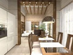 Living Room Kitchen Design In A Wooden House Made Of Timber