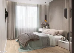 Beige bed in a gray bedroom photo