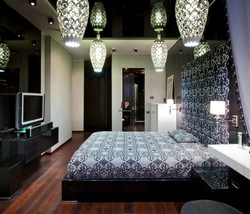 Bedroom with black ceiling photo