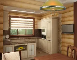 Современный дизайн кухни в доме из бревна