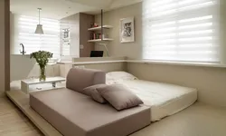 Дызайн спальні ў сучасным стылі з канапай замест ложка