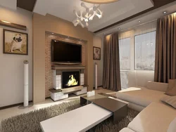 Living room design with fireplace 18 sq.m.