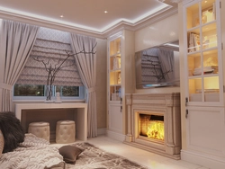 Living room design with fireplace 18 sq.m.