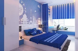 Bedroom interior white and blue