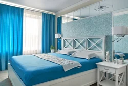Інтэр'ер спальні белы з сінім