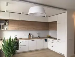 Kitchen design white with wood photo in the interior