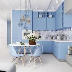 Блакітна шэрая кухня ў інтэр'еры