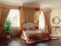 Стыльныя шторы ў інтэр'еры спальні