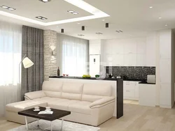 Design living room with kitchen in modern style 40 sq.m.