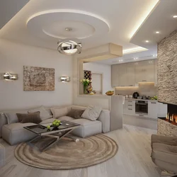 Design living room with kitchen in modern style 40 sq.m.