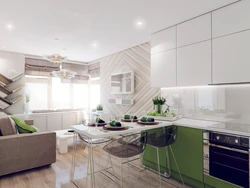 Kitchen design living room 20 m photo with zoning